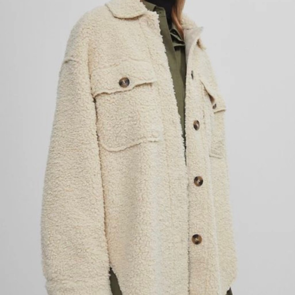 Bershka reversible borg overshirt shacket in ecru